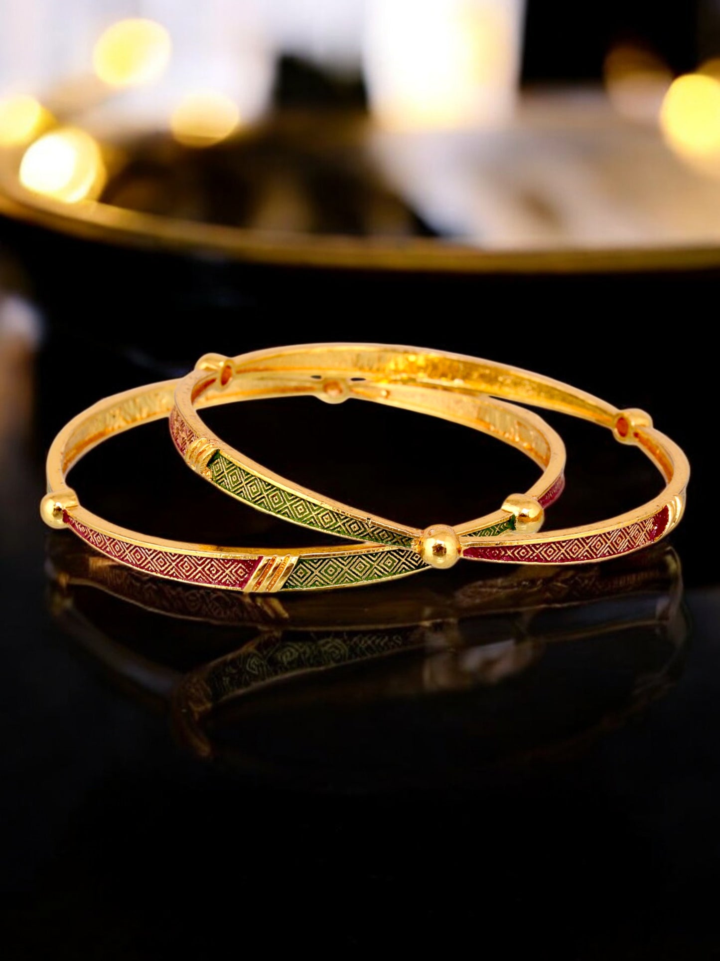 18k One Gram Gold Plated Traditional Designer Pack of 2 Bangle Set For Women