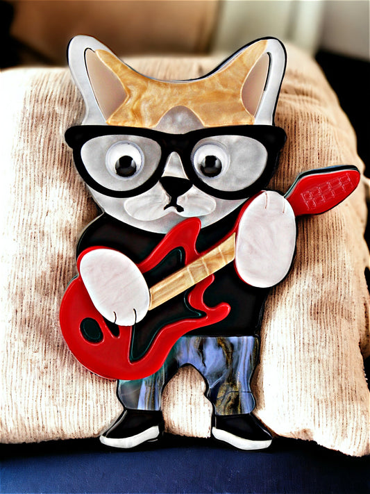 Trendy Guitar Cat With Glasses Brooch/Lapel Pin For Unisex