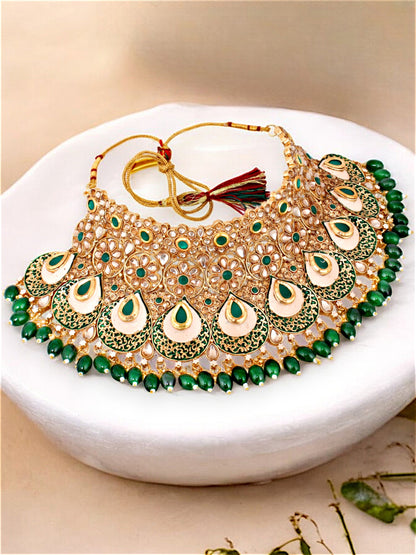 Traditional Designer Kundan Stone Green Meenakari Choker Bridal Set