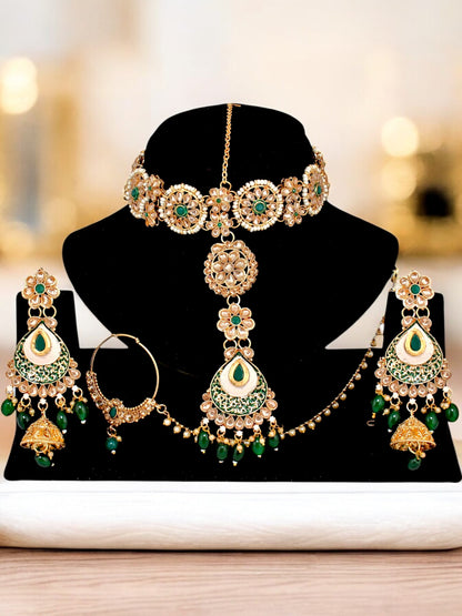 Traditional Designer Kundan Stone Green Meenakari Choker Bridal Set