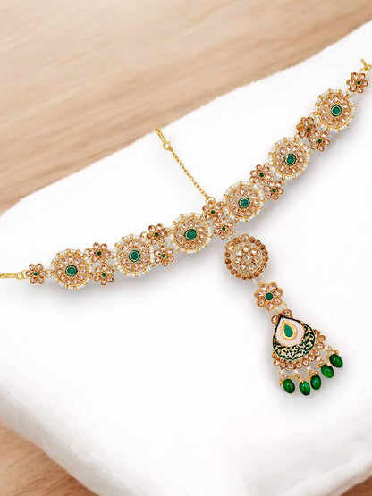 Traditional Designer Kundan Stone Green Meenakari Choker Bridal Set