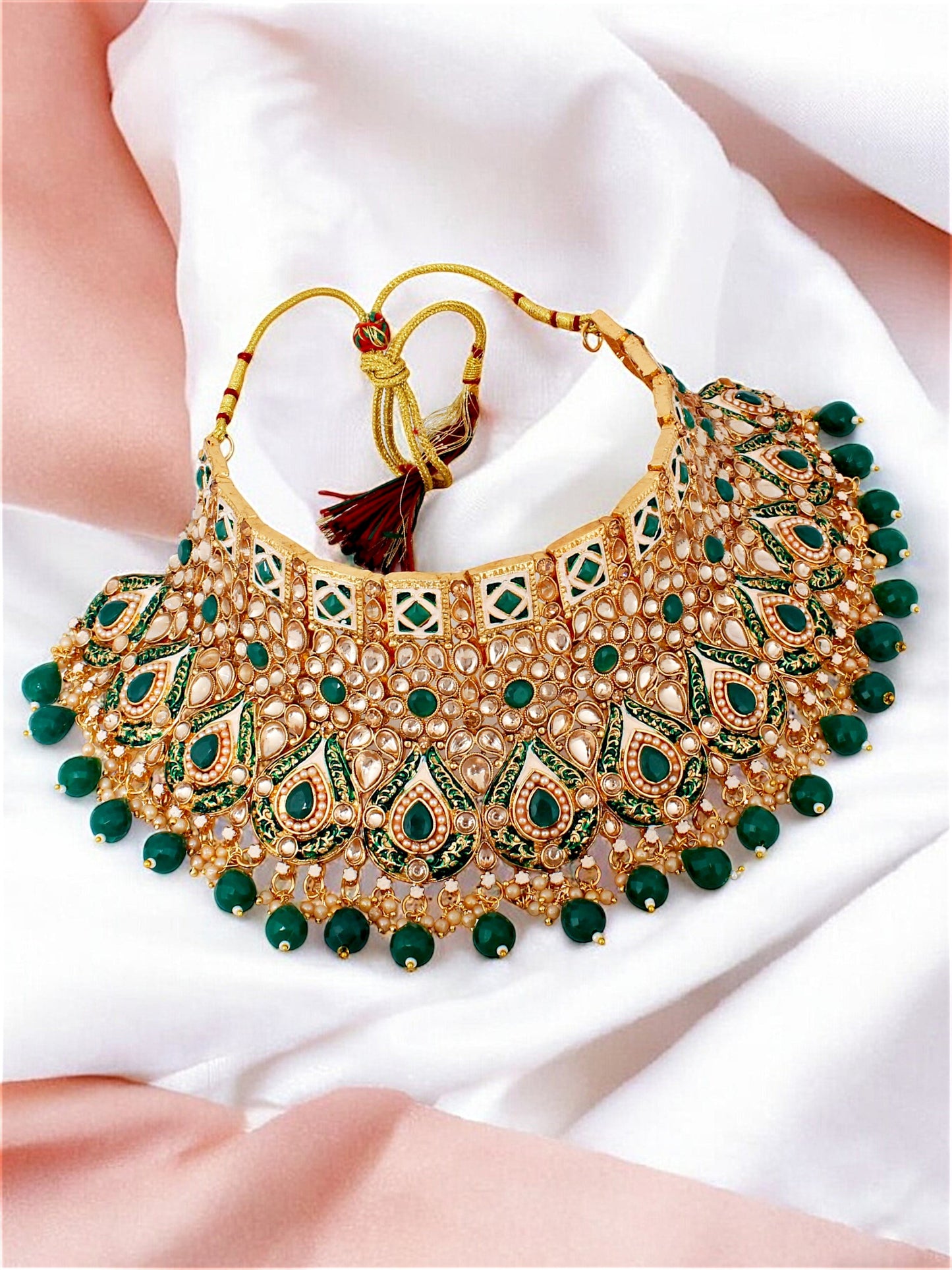 Traditional Designer Kundan Stone Green Meenakari Choker Bridal Set