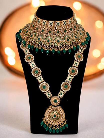 Traditional Designer Kundan Stone Green Meenakari Choker Bridal Set