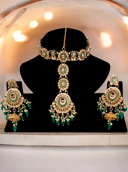 Traditional Designer Kundan Stone Green Meenakari Choker Bridal Set