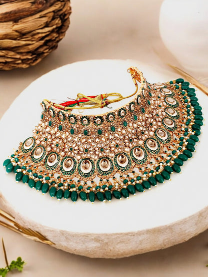 Traditional Designer Kundan Stone Green Meenakari Choker Bridal Set