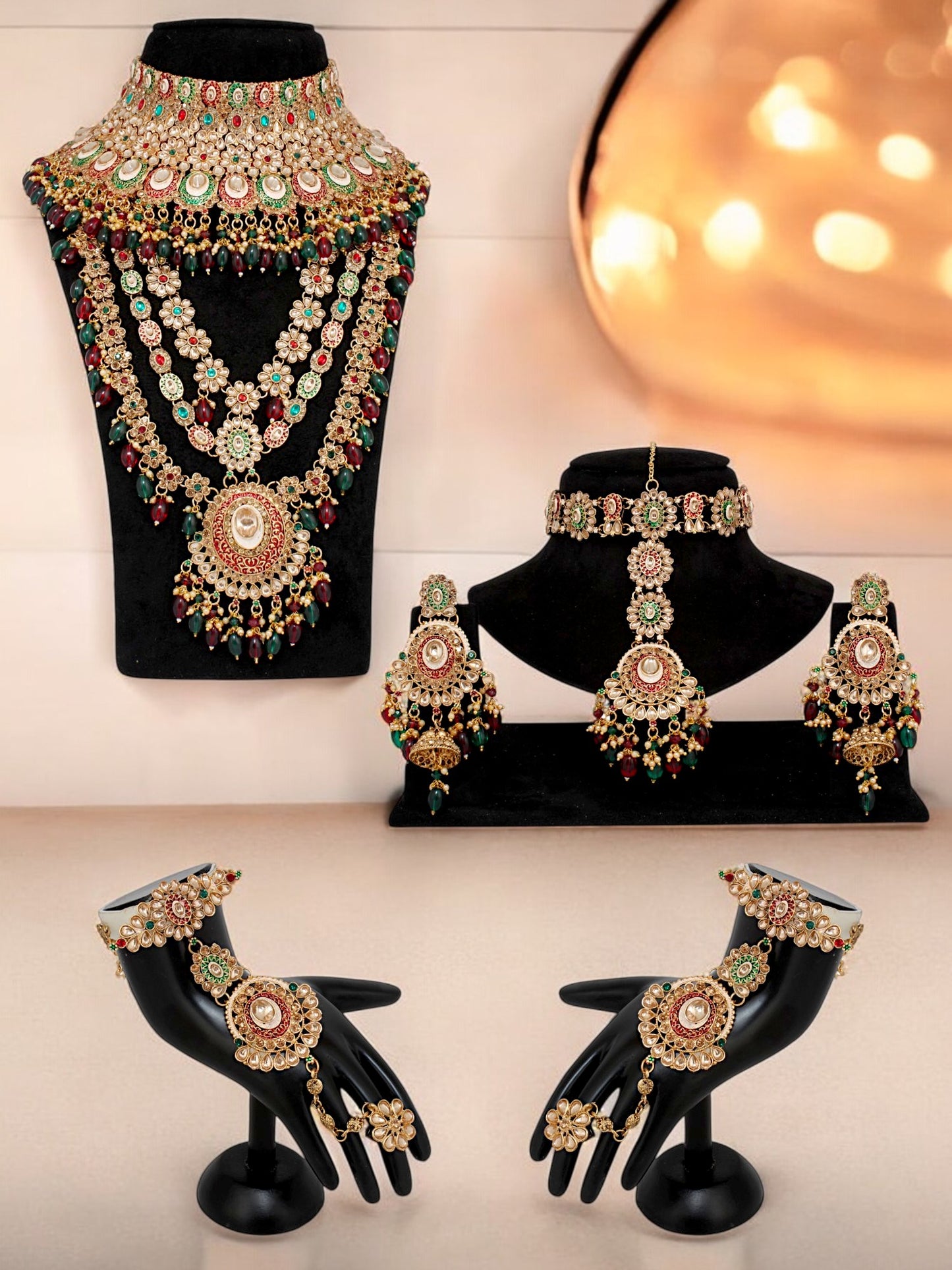 Traditional Designer Kundan Stone Maroon and Green Meenakari Choker Bridal Set