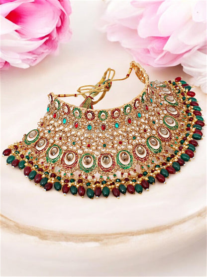 Traditional Designer Kundan Stone Maroon and Green Meenakari Choker Bridal Set