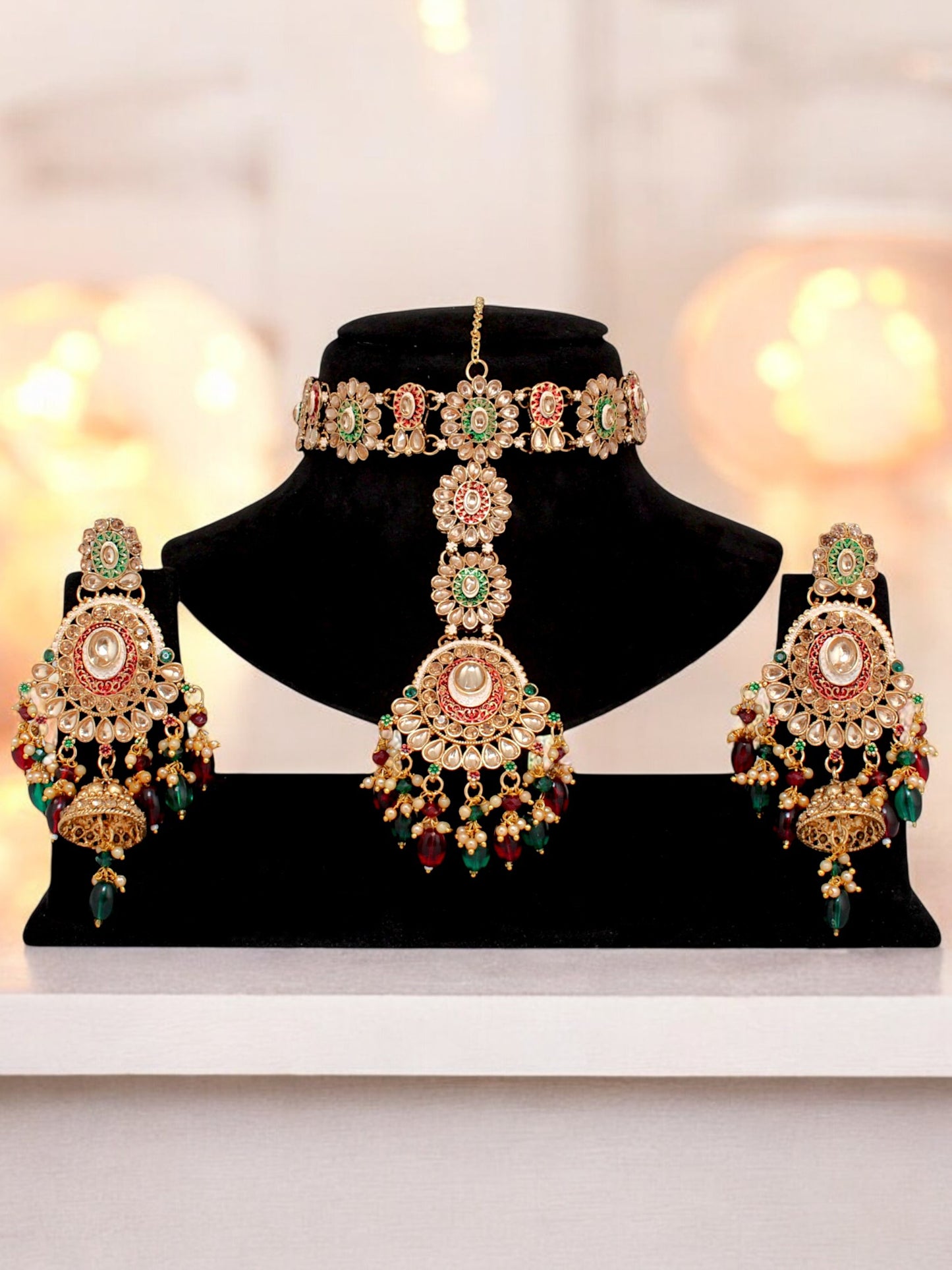 Traditional Designer Kundan Stone Maroon and Green Meenakari Choker Bridal Set