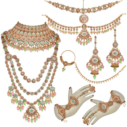 Traditional Designer Kundan Stone Pink and Mint Meenakari Choker Bridal Set