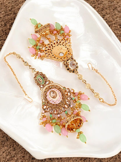 Traditional Designer Kundan Stone Pink and Mint Meenakari Choker Bridal Set