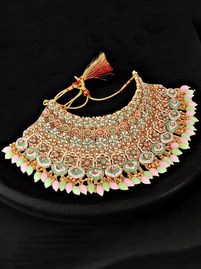 Traditional Designer Kundan Stone Pink and Mint Meenakari Choker Bridal Set