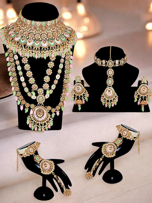 Traditional Designer Kundan Stone Pink and Mint Meenakari Choker Bridal Set