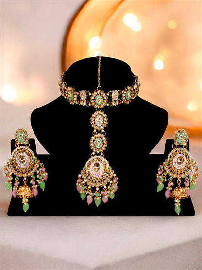 Traditional Designer Kundan Stone Pink and Mint Meenakari Choker Bridal Set