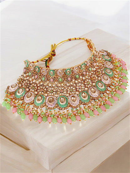 Traditional Designer Kundan Stone Pink and Mint Meenakari Choker Bridal Set