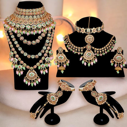 Traditional Designer Kundan Stone Pink and Mint Meenakari Choker Bridal Set