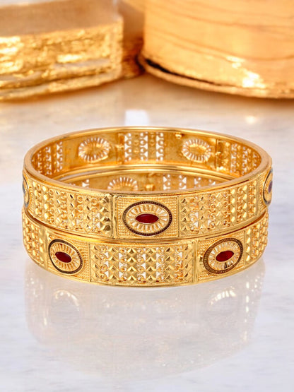 18k One Gram Gold Plated Traditional Designer Pack of 2 Bangle Set For Women