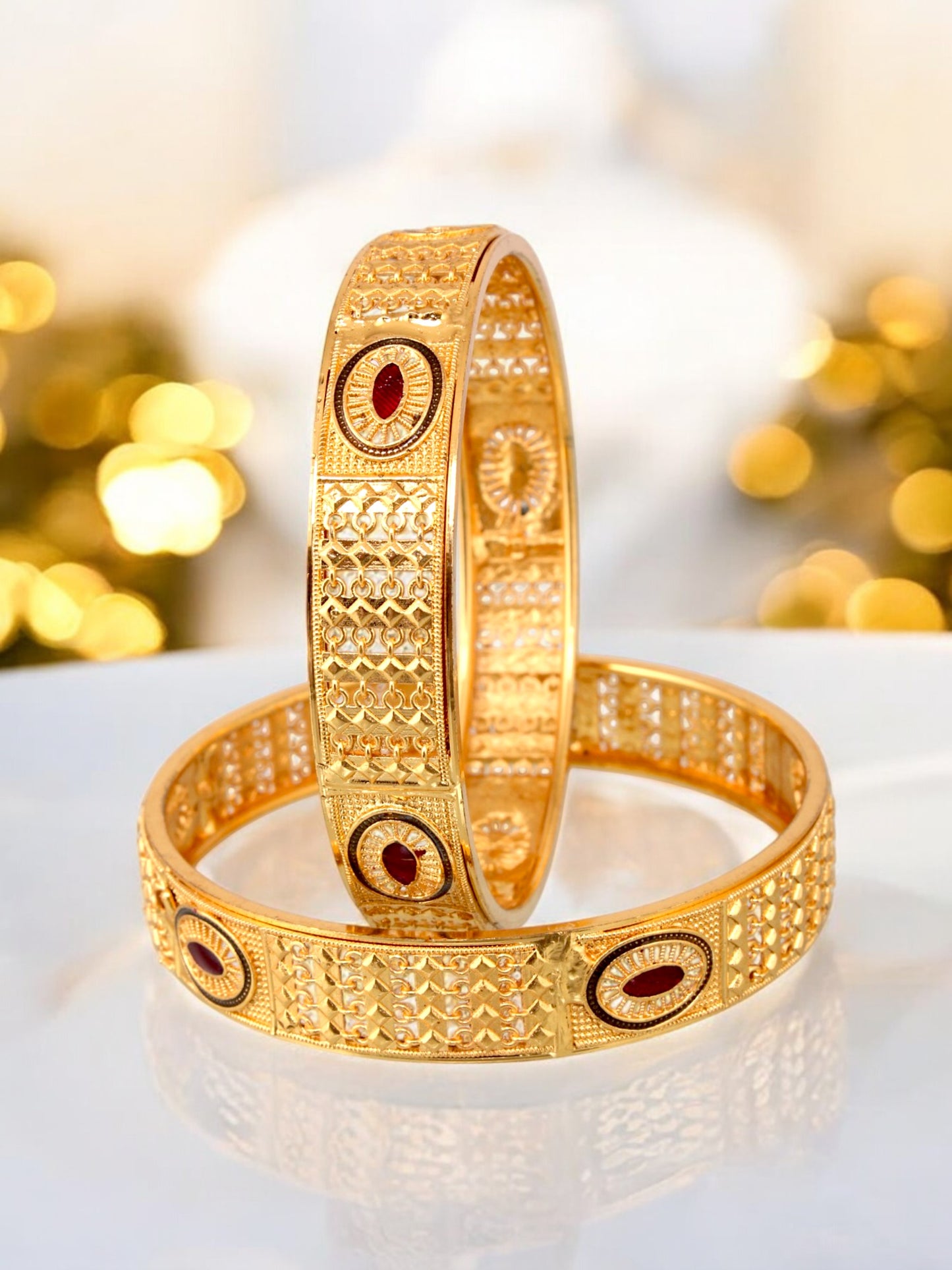 18k One Gram Gold Plated Traditional Designer Pack of 2 Bangle Set For Women