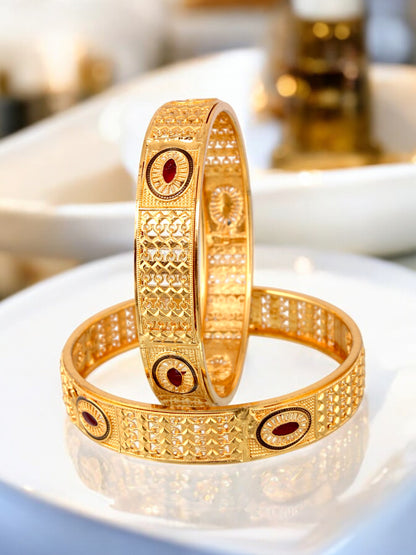 18k One Gram Gold Plated Traditional Designer Pack of 2 Bangle Set For Women