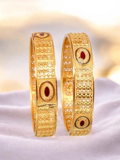 18k One Gram Gold Plated Traditional Designer Pack of 2 Bangle Set For Women