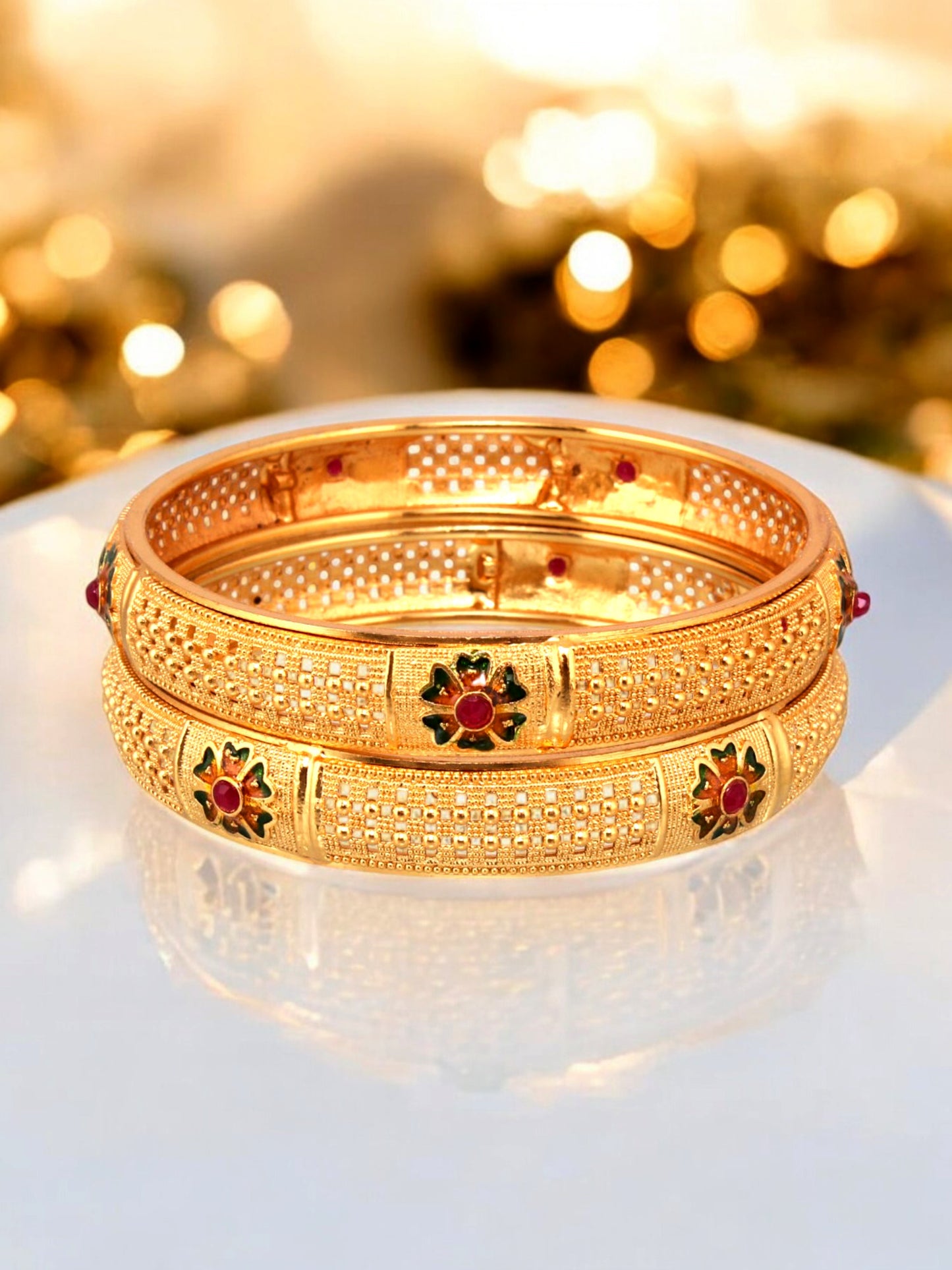 18k One Gram Gold Plated Traditional Designer Pack of 2 Bangle Set For Women