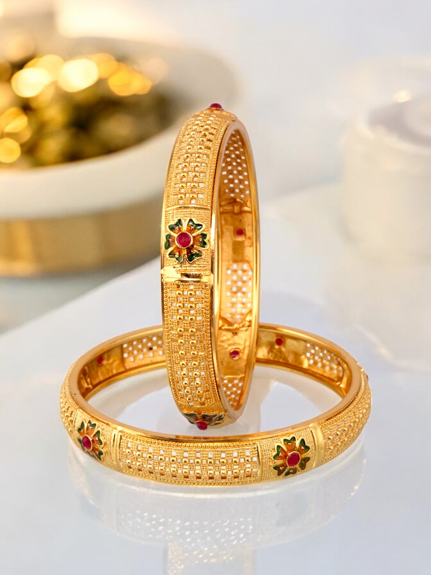 18k One Gram Gold Plated Traditional Designer Pack of 2 Bangle Set For Women