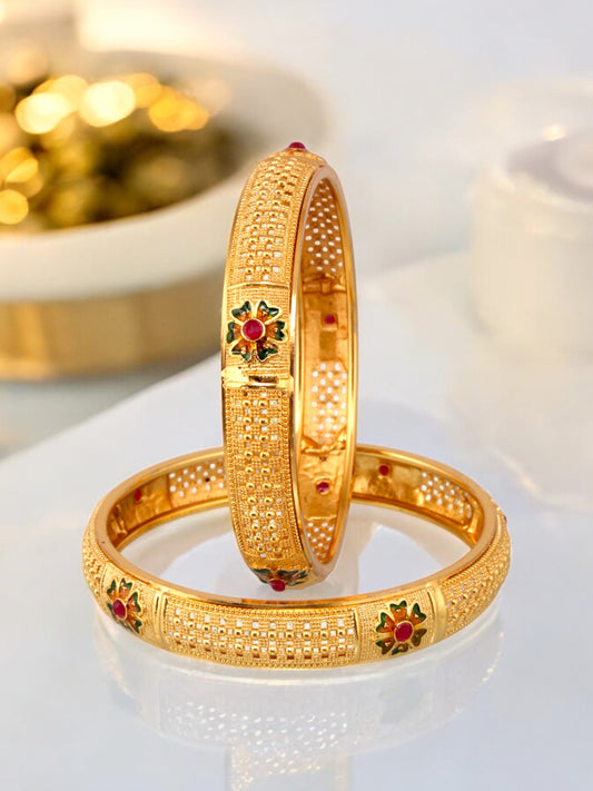 18k One Gram Gold Plated Traditional Designer Pack of 2 Bangle Set For Women