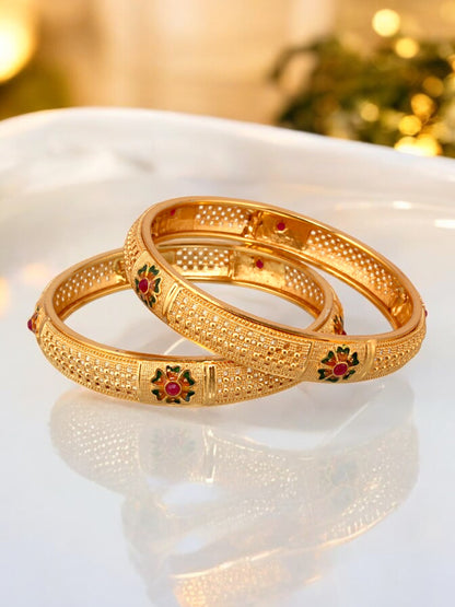 18k One Gram Gold Plated Traditional Designer Pack of 2 Bangle Set For Women