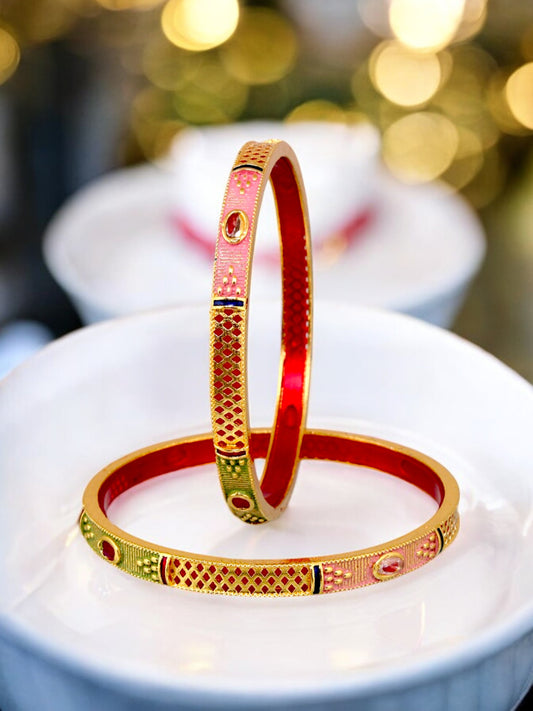 18k One Gram Gold Plated Traditional Designer Pack of 2 Bangle Set For Women