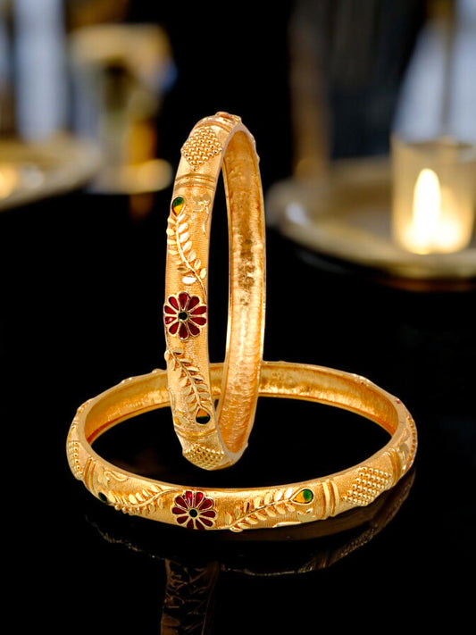 18k One Gram Gold Plated Traditional Designer Pack of 2 Bangle Set For Women