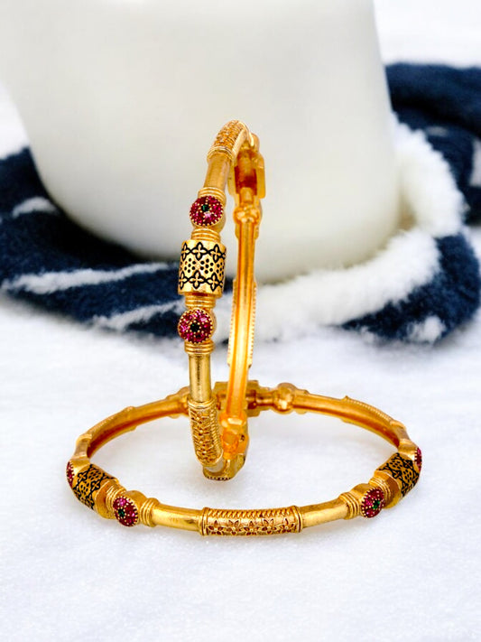 18k One Gram Gold Plated Traditional Designer Pack of 2 Bangle Set For Women