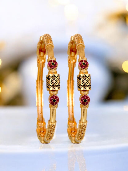 18k One Gram Gold Plated Traditional Designer Pack of 2 Bangle Set For Women