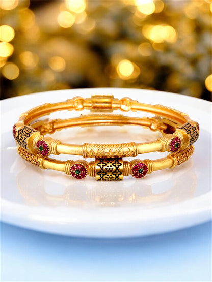 18k One Gram Gold Plated Traditional Designer Pack of 2 Bangle Set For Women