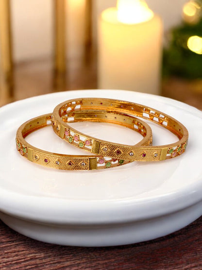 18k One Gram Gold Plated Traditional Designer Pack of 2 Bangle Set For Women