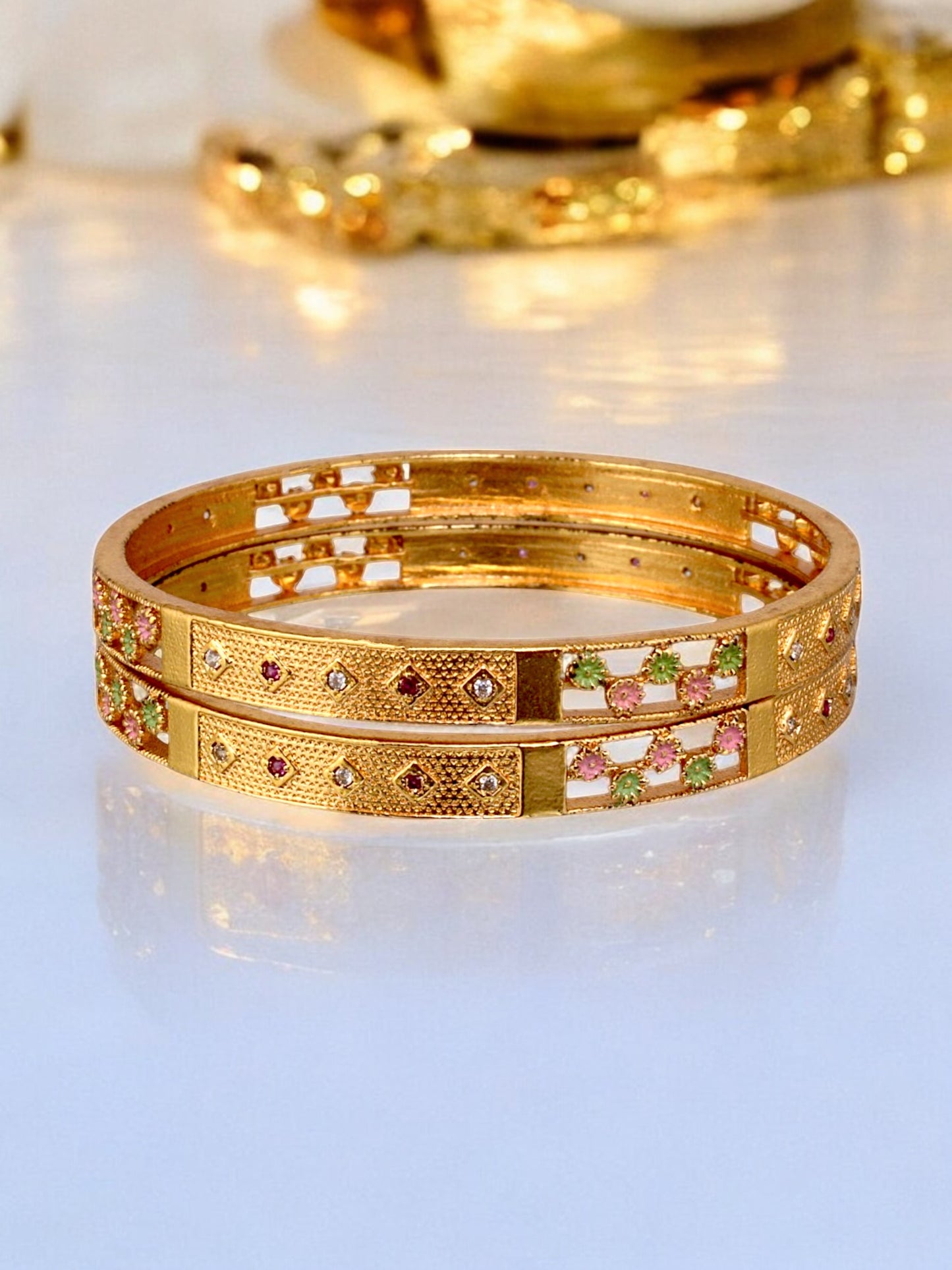 18k One Gram Gold Plated Traditional Designer Pack of 2 Bangle Set For Women