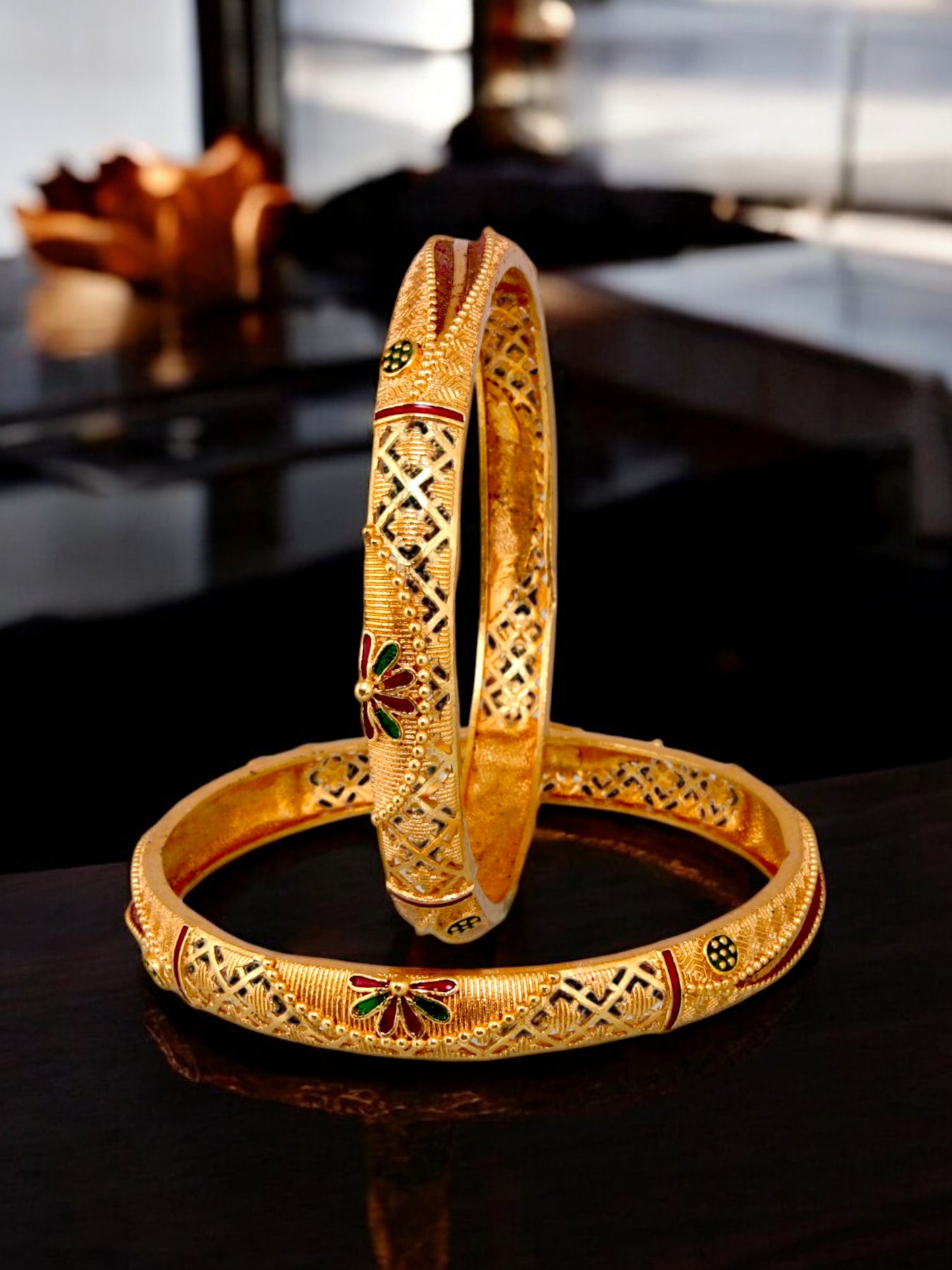 18k One Gram Gold Plated Traditional Designer Pack of 2 Bangle Set For Women