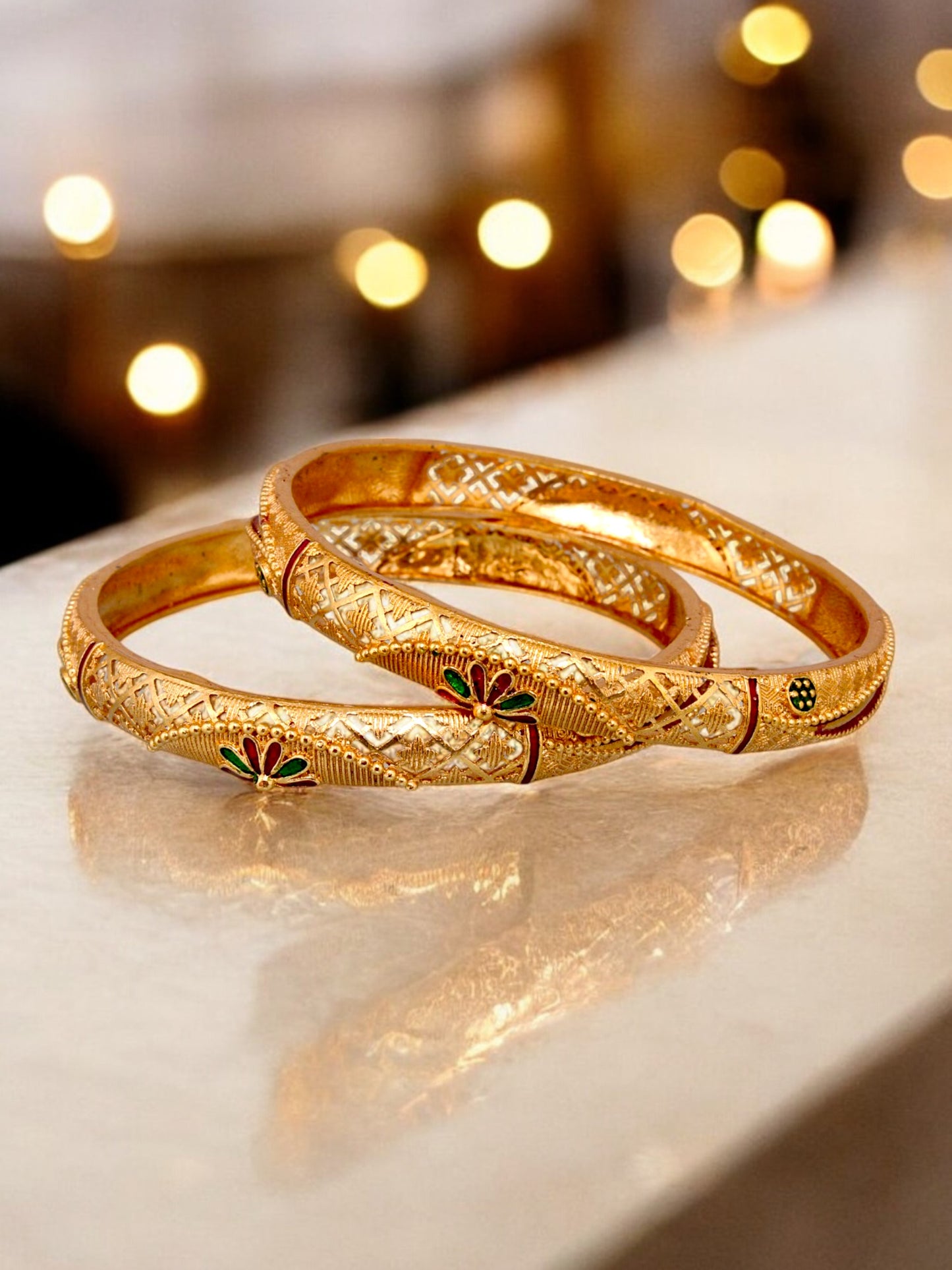 18k One Gram Gold Plated Traditional Designer Pack of 2 Bangle Set For Women