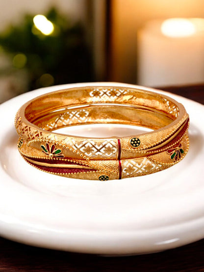 18k One Gram Gold Plated Traditional Designer Pack of 2 Bangle Set For Women