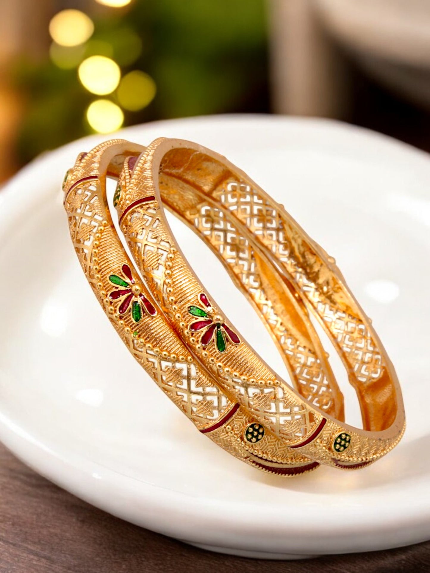 18k One Gram Gold Plated Traditional Designer Pack of 2 Bangle Set For Women