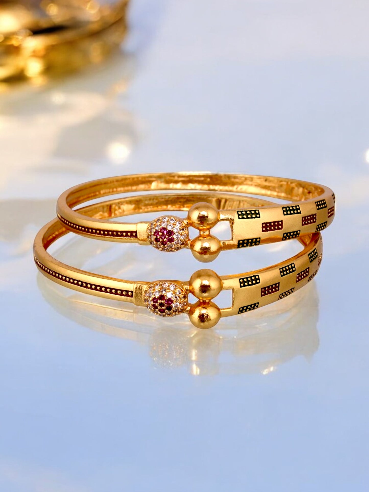 18k One Gram Gold Plated Traditional Designer Pack of 2 Bangle Set For Women