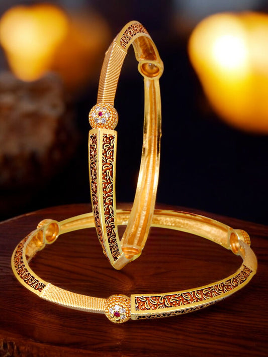 18k One Gram Gold Plated Traditional Designer Pack of 2 Bangle Set For Women