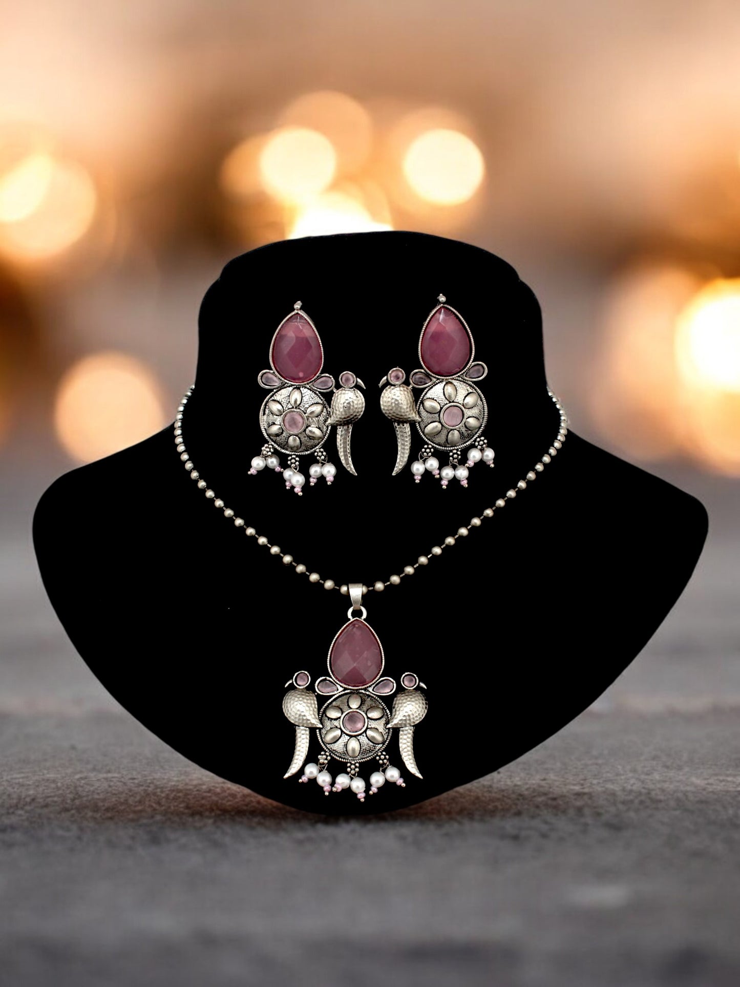 Trendy Silver Oxidised Jewelry Necklace with Earrings Parrot Design Pendant and Earring Set