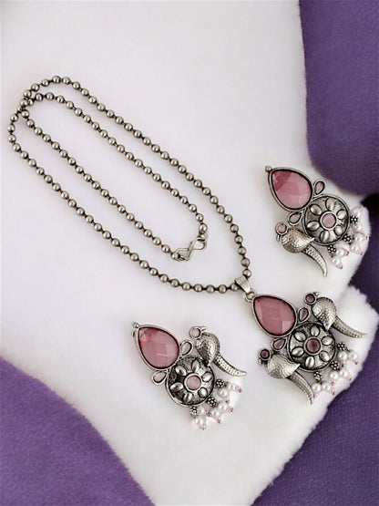 Trendy Silver Oxidised Jewelry Necklace with Earrings Parrot Design Pendant and Earring Set