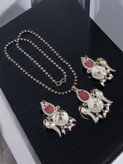 Trendy Silver Oxidised Jewelry Necklace with Earrings Parrot Design Pendant and Earring Set