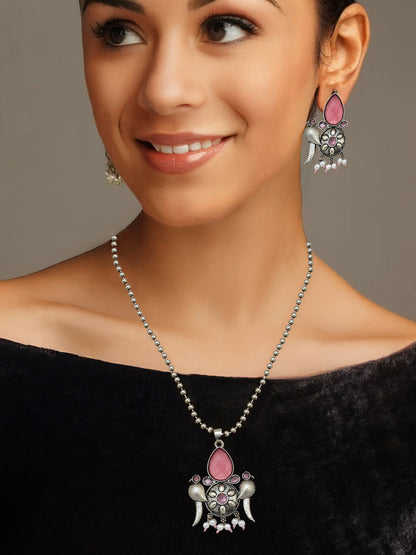 Trendy Silver Oxidised Jewelry Necklace with Earrings Parrot Design Pendant and Earring Set