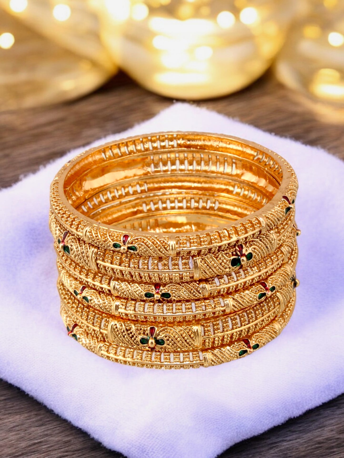 18k One Gram Gold Plated Traditional Designer Pack of 6 Bangle Set For Women