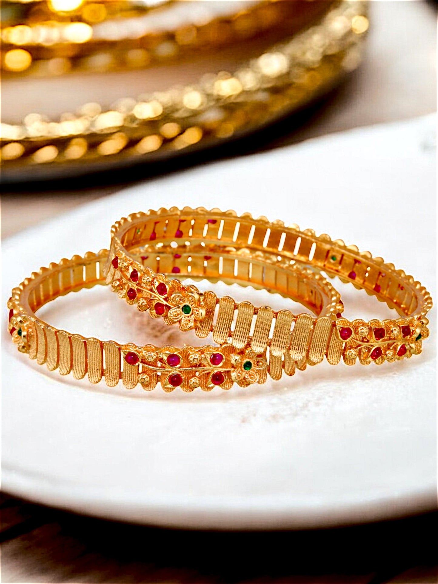 18k One Gram Gold Plated Traditional Designer Pack of 2 Bangle Set For Women