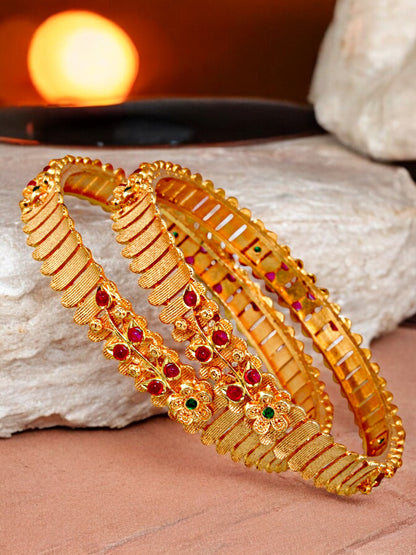 18k One Gram Gold Plated Traditional Designer Pack of 2 Bangle Set For Women