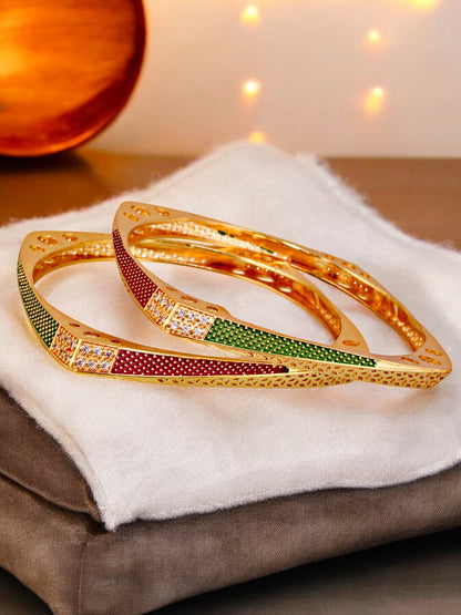 18k One Gram Gold Plated Traditional Designer Pack of 2 Bangle Set For Women