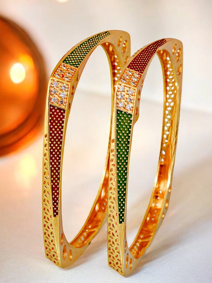 18k One Gram Gold Plated Traditional Designer Pack of 2 Bangle Set For Women