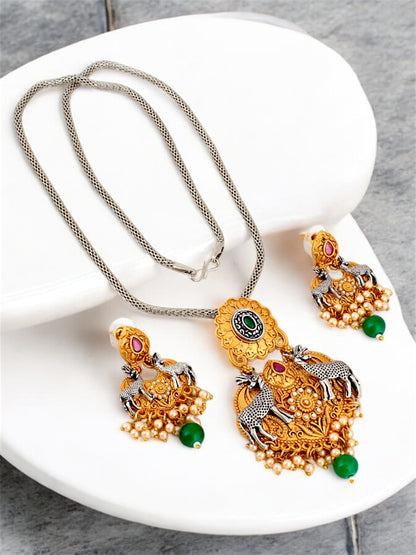 Trendy Golden Oxidised Jewelry Necklace with Earrings Gold Plated Pendant and Earring Set